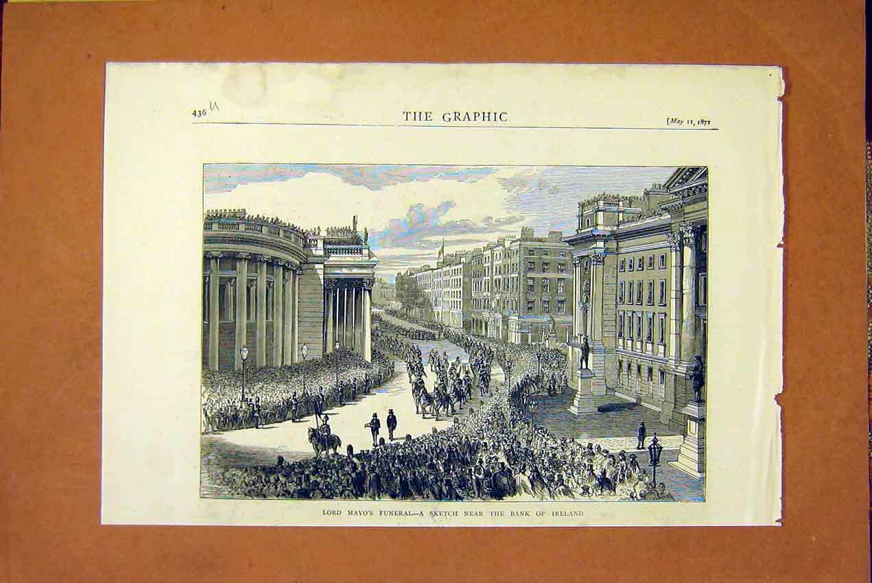 Original Old Antique Print Lord Mayo Funeral Sketch Bank Ireland 1872 Victorian