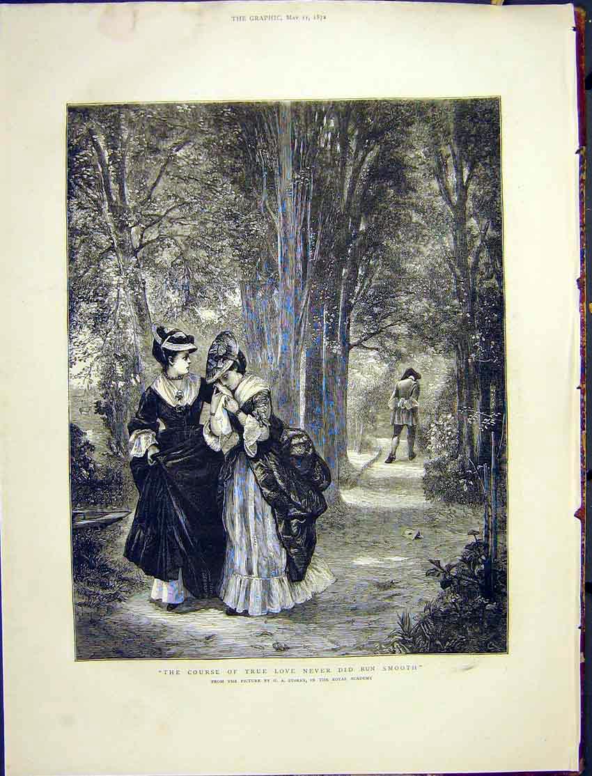 Original Old Antique Print Painting Storey Royal Academy Lady Gent Crying 1872