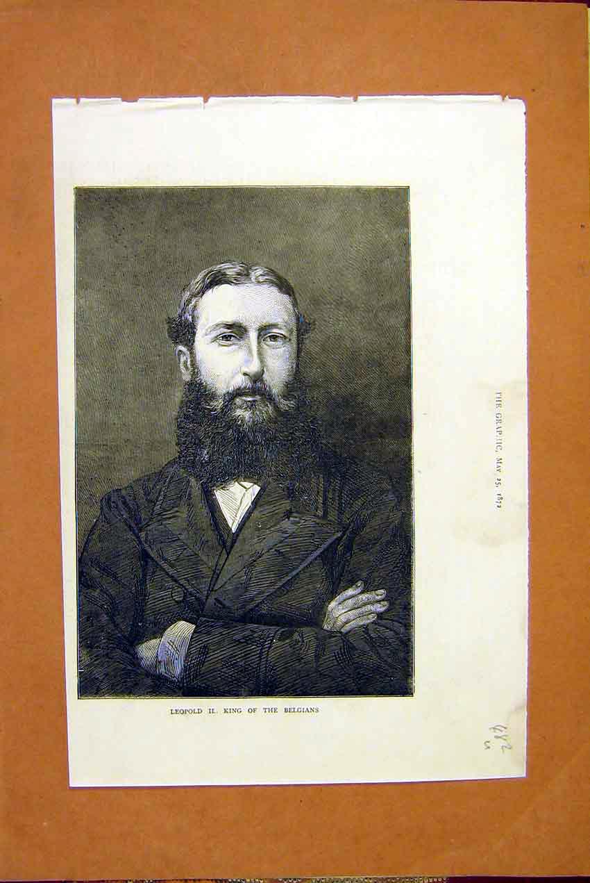Original Old Antique Print Portrait LeopKing Belgian 1872 19th