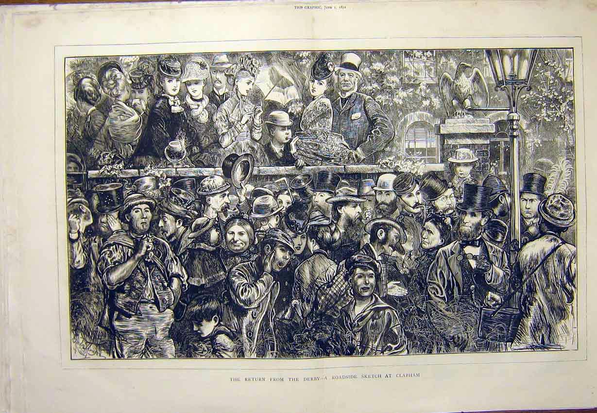 Original Old Antique Print Sketch Clapham Derby Races Crowd 1872 19th