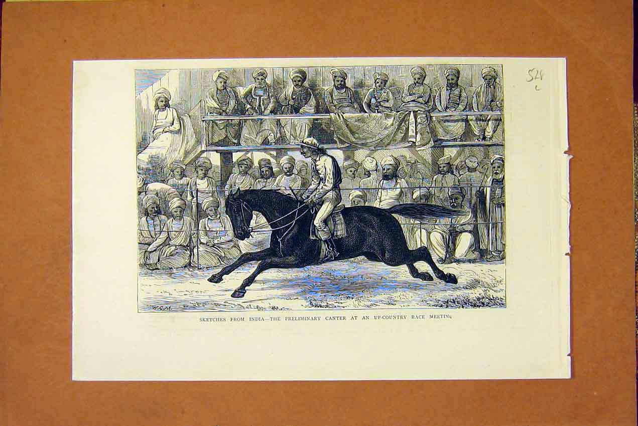 Original Old Antique Print Sketches India Canter Horse Race Meeting 1872 19th