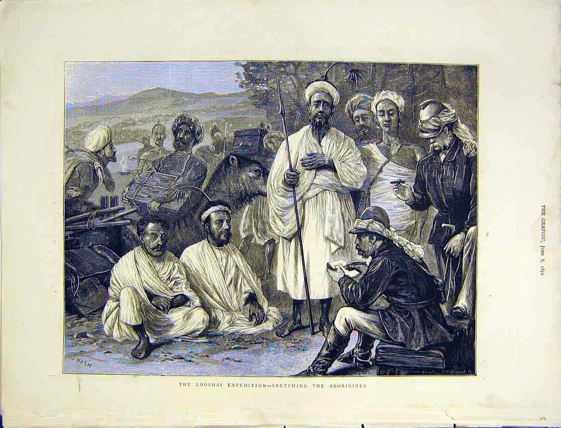 Original Old Antique Print Looshai Expedition Aborigines Nash 1872 Victorian