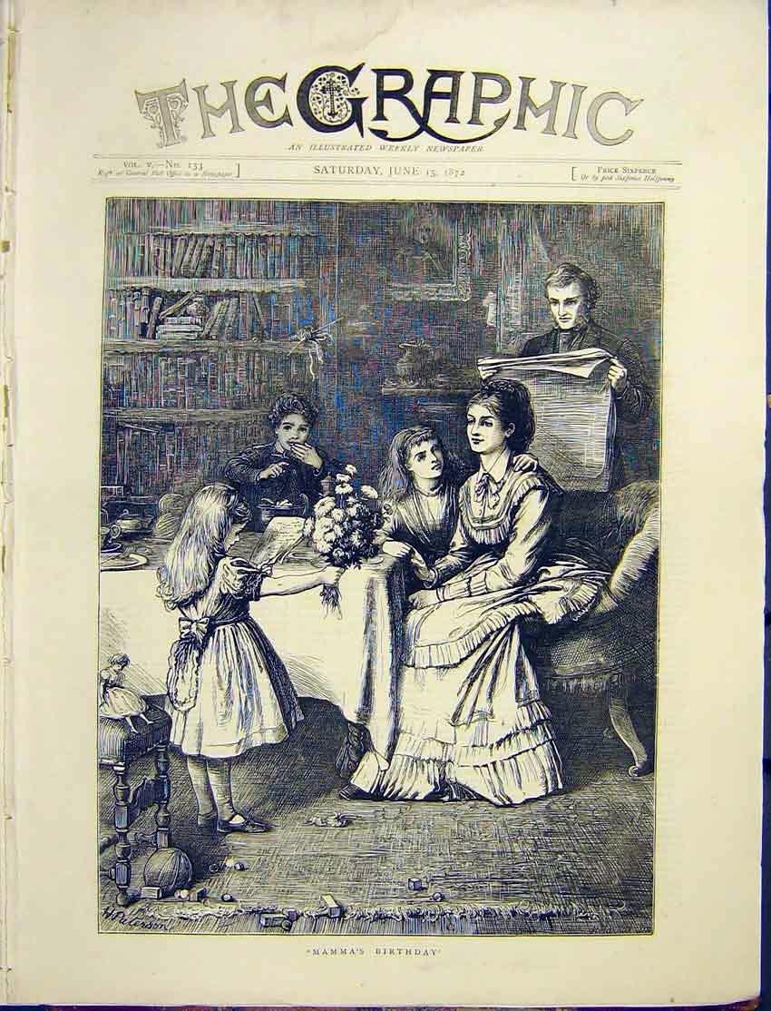 Original Old Antique Print Picture Birthday Mother Children Flowers Home 1872