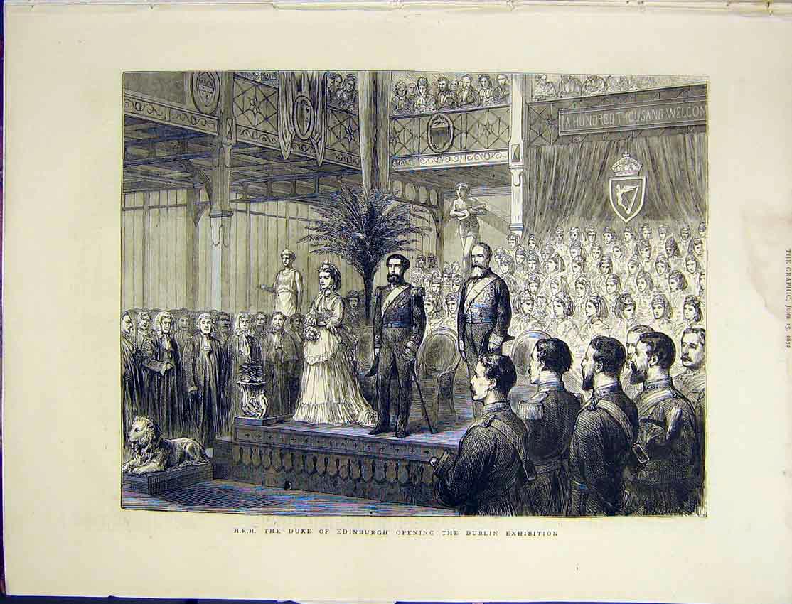 Original Old Antique Print Royal Duke Edinburgh Dublin Exhibition 1872 Victorian