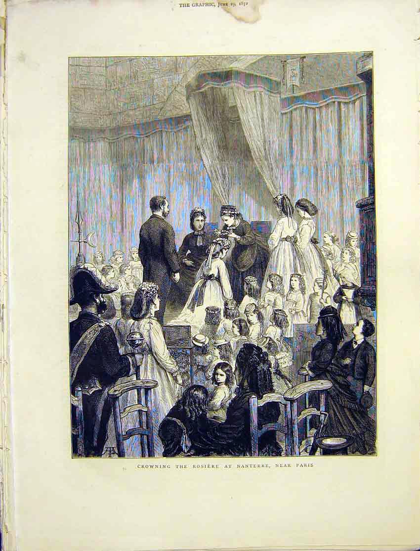 Original Old Antique Print Crowning Rosiere Nanterre Paris France 1872 Victorian