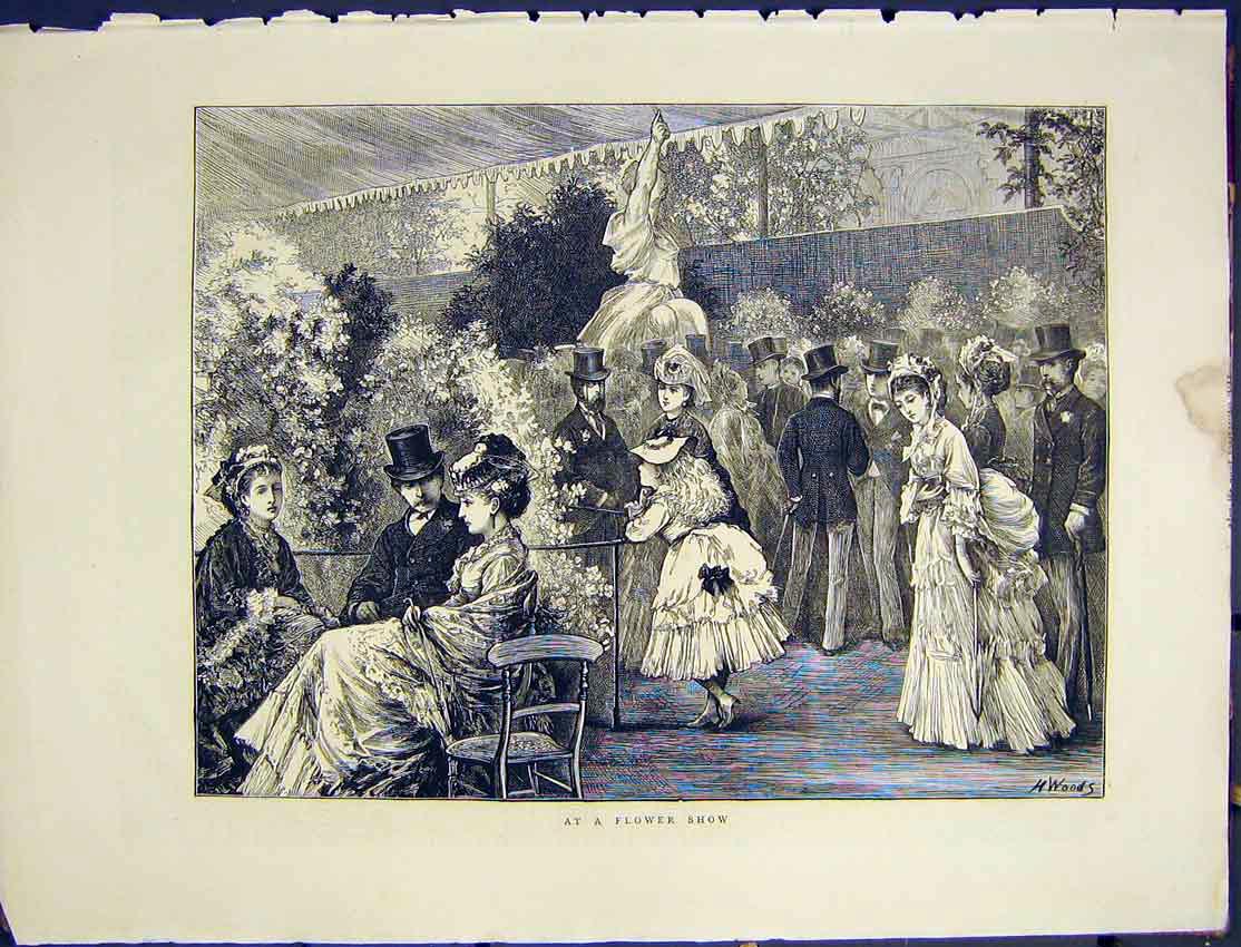 Original Old Antique Print Flower Show Family Woods Lady Gent 1872 Victorian