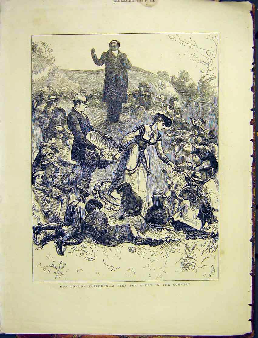 Original Old Antique Print London Children Country Play Sketch 1872 Victorian