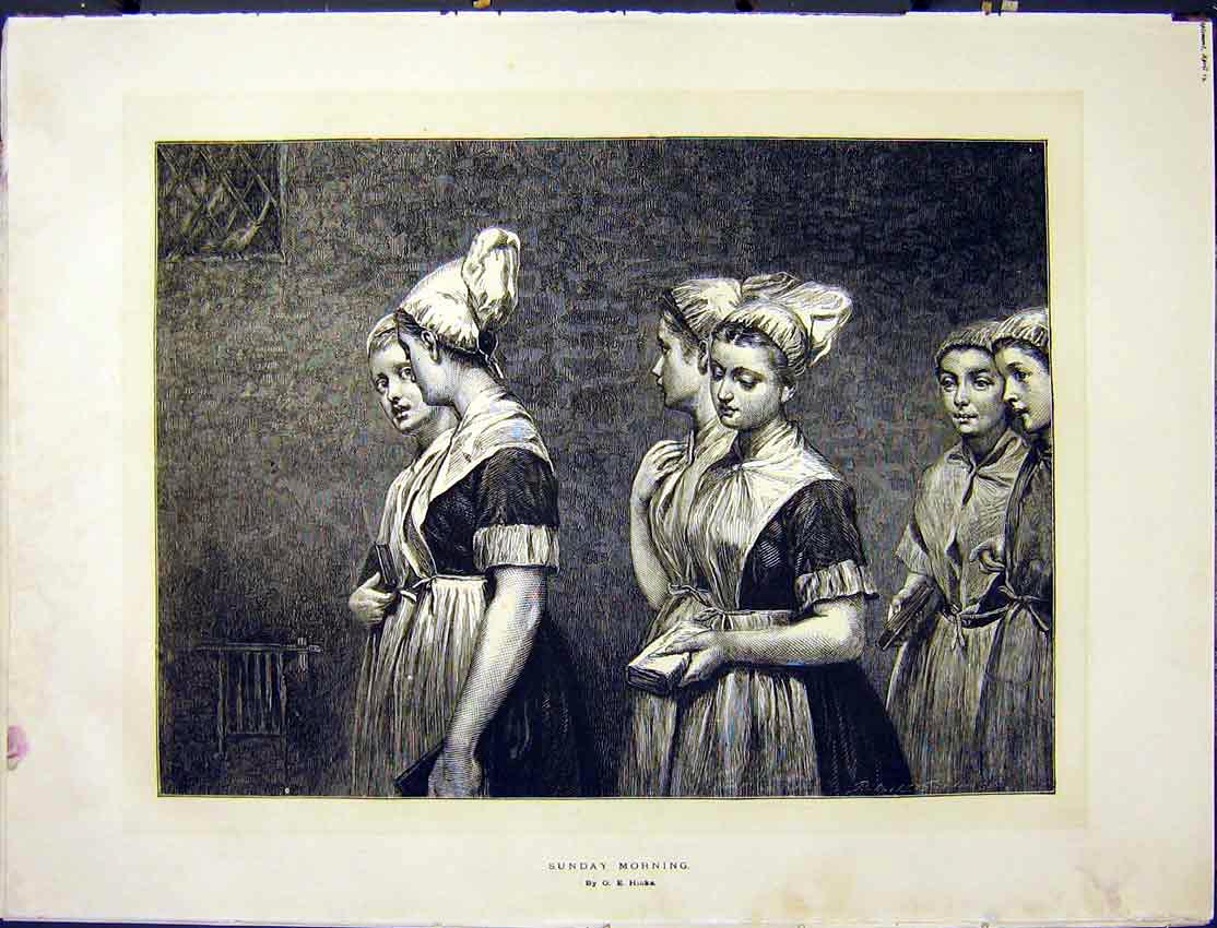 Original Old Antique Print Hicks Painting Sunday Morning Girls Prayers 1872 19th