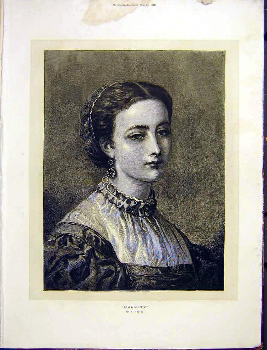 Original Old Antique Print Portrait Lady Modesty Taylor Fine Art 1872 Victorian