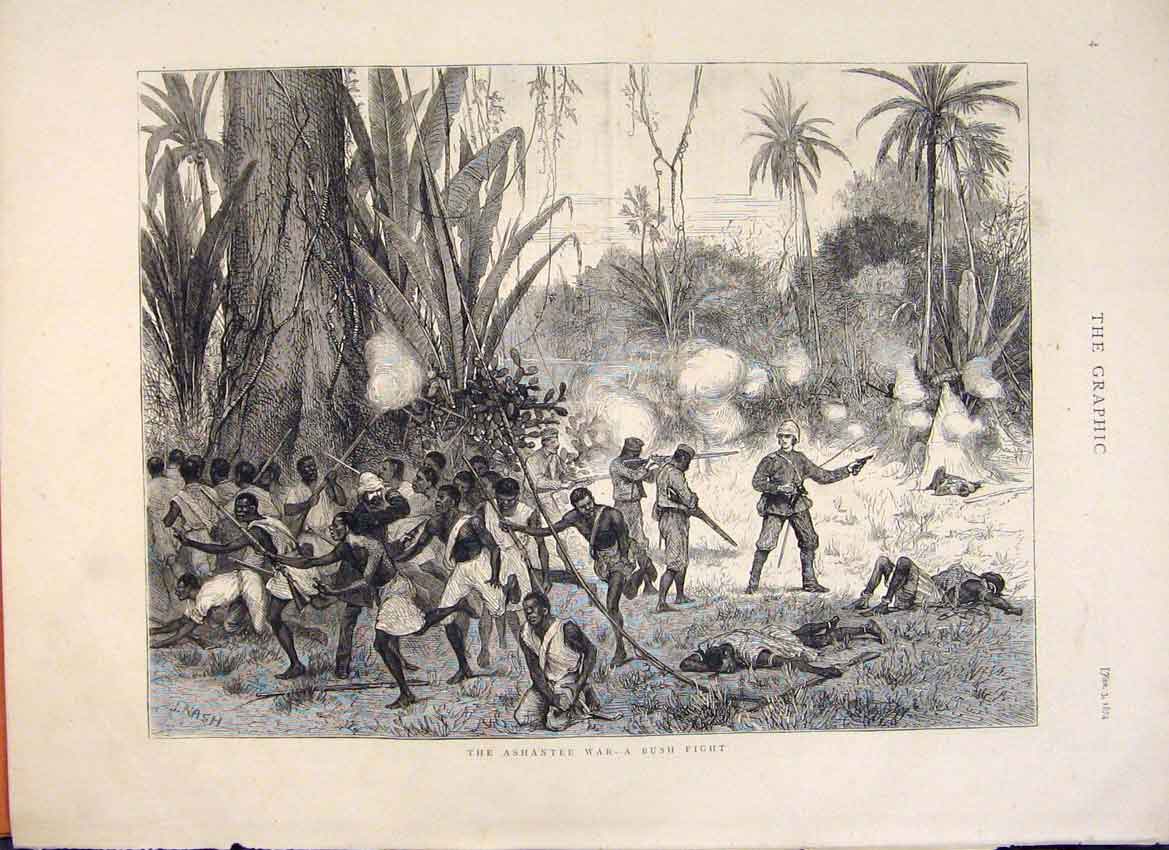 Original Old Antique Print Ashantee War Bush Slaves Army Jungle Sier 1874 19th