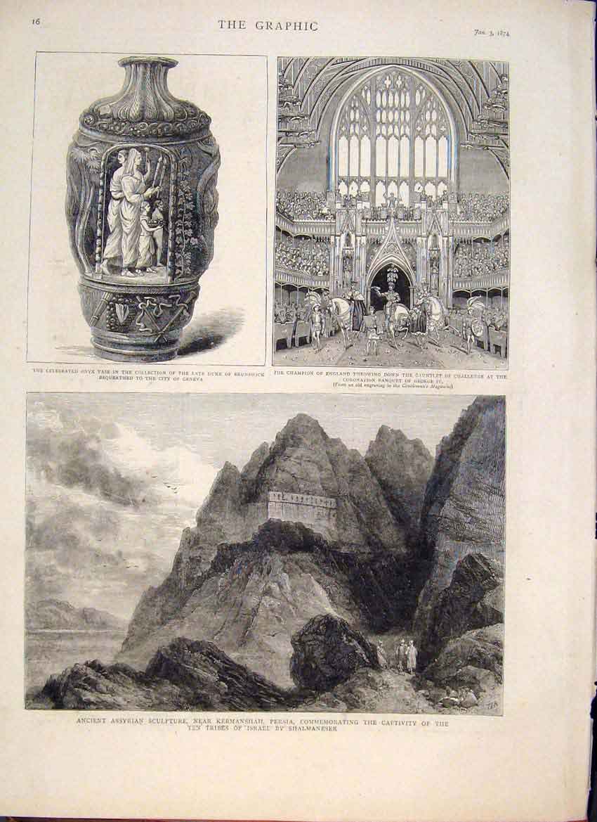 Original Old Antique Print Vase Onyx Geneva Banquet Gauntlet Persia Shalmaneser