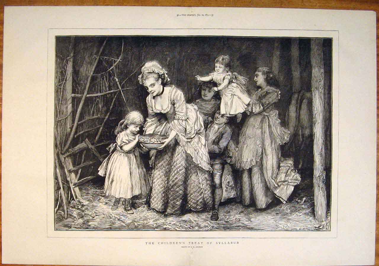 Original Old Antique Print Children Treat Syllabub Johnson Fine Art 1874 19th