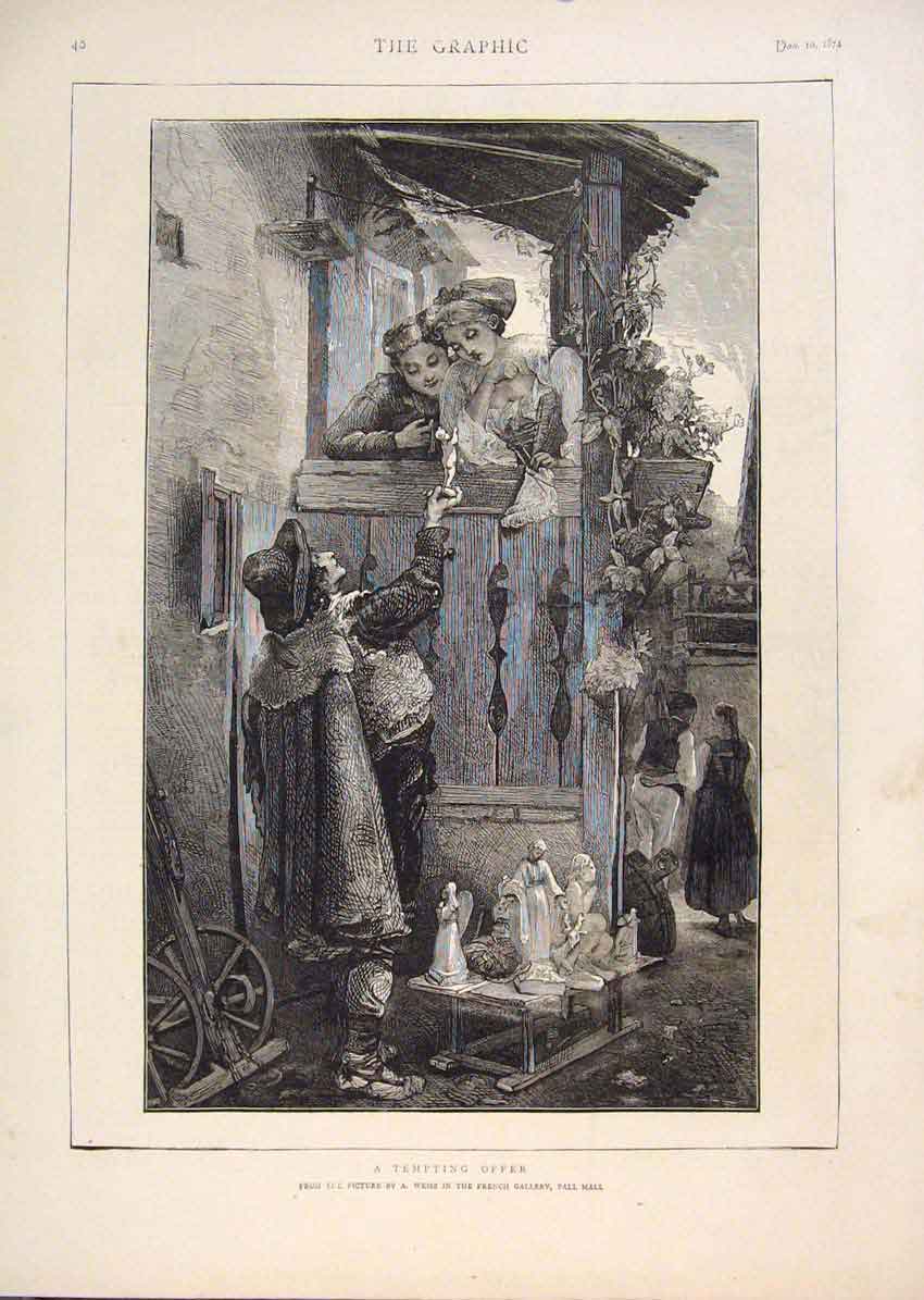 Original Old Antique Print Pall Mall Weisz Trader Statue Girls 1874 Victorian