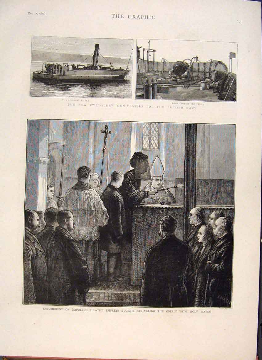 Original Old Antique Print British Navy Gun-Vessels Napoleon Coffin Eugenie 1874
