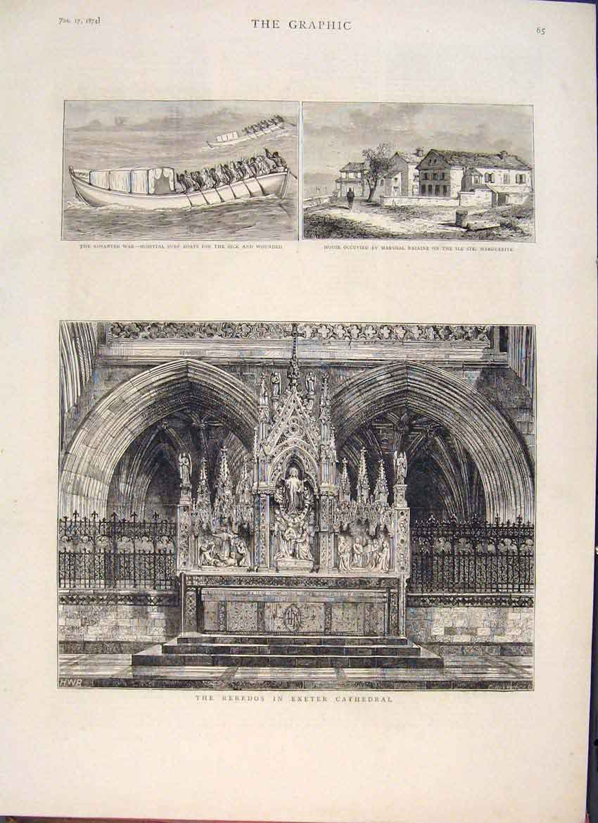 Original Old Antique Print Reredos Exeter Cathedral Ashantee War Bazaine 1874