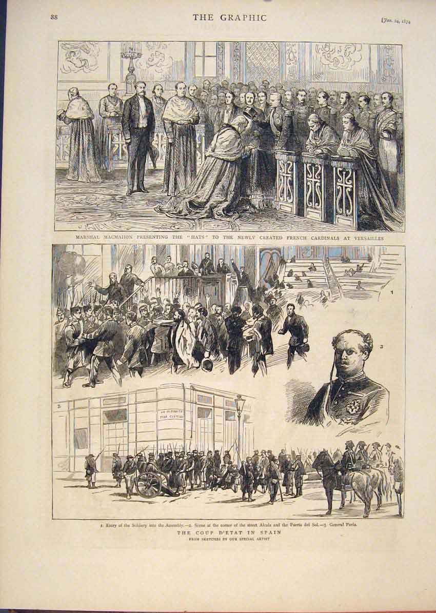 Original Old Antique Print Machahon Marshal Spain D'Etat Cardinal Pavia 1874