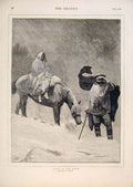 Original Old Antique Print Linton Snow Horse Woman Winter Lost Fine Art 1874