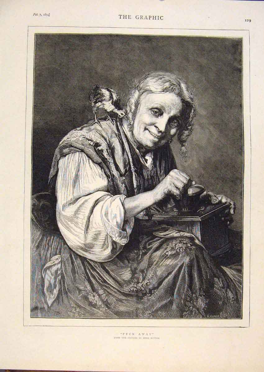 Original Old Antique Print Rotter Picture Woman Peck Away Fine Art 1874 19th
