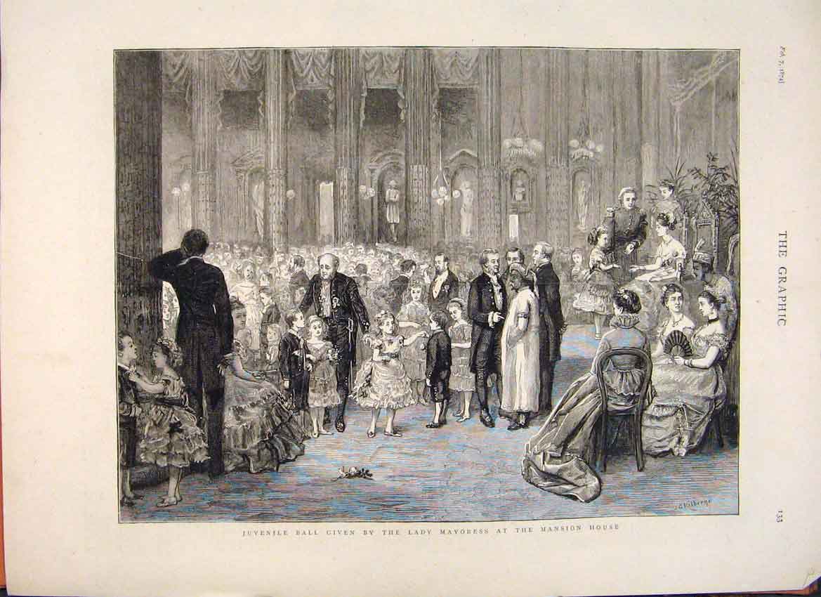Original Old Antique Print Juvenile Ball Lady Mayoress Mansion House 1874 19th
