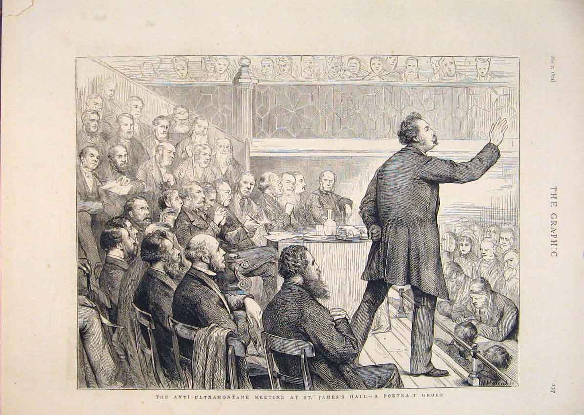 Original Old Antique Print St James Hall Anti-Ultramontane Meeting Gent 1874
