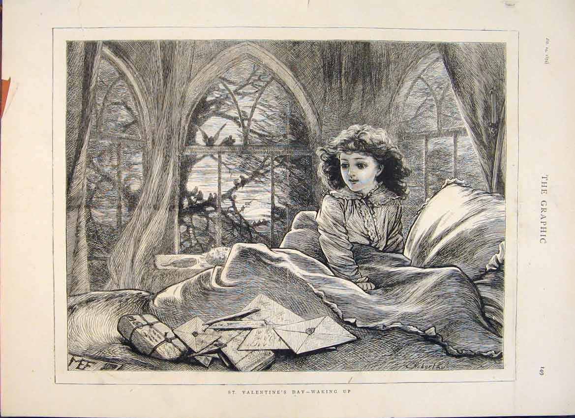 Original Old Antique Print St Valentine Girl Romance 1874 19th Century