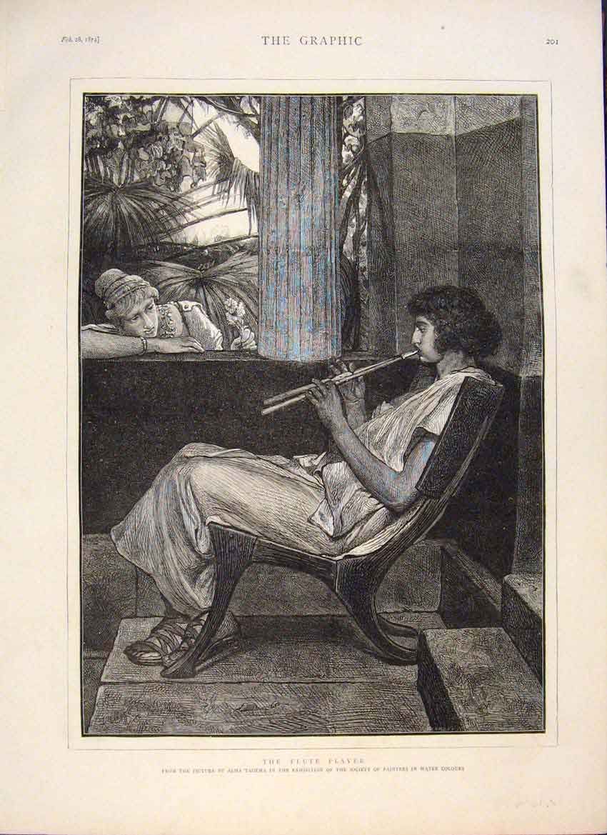 Original Old Antique Print Flute Exhibition Artist Tadema 1874 19th