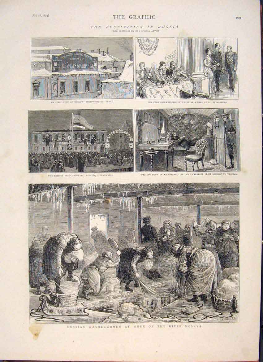 Original Old Antique Print Festival Russia Moscow Czar Washerwoman Moskya 1874