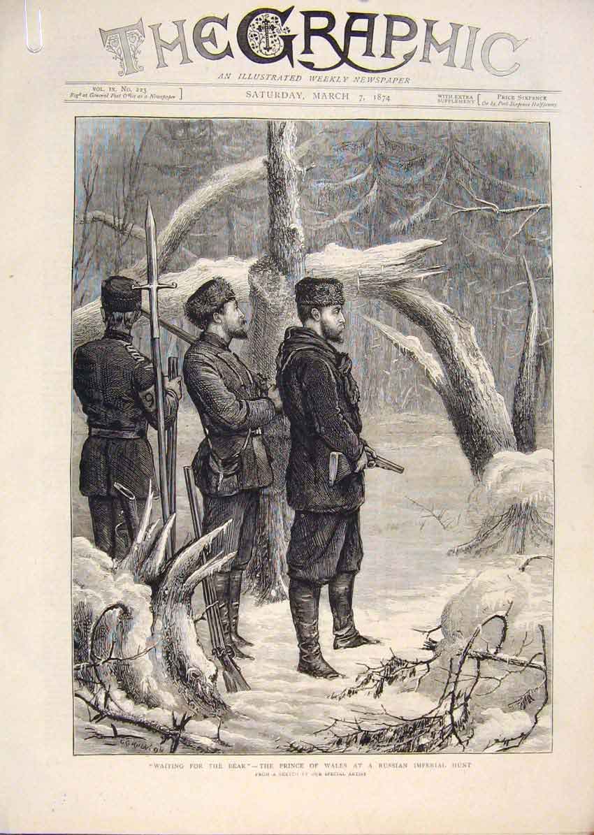 Original Old Antique Print Bear Hunt Prince Wales Russia Duke Edinburgh 1874