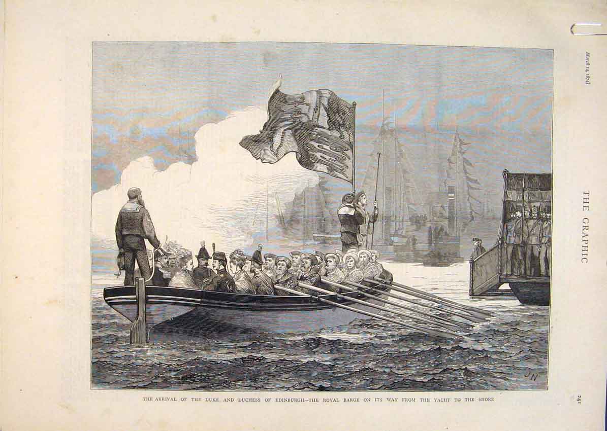 Old Antique Print Duke Duchess Edinburgh Royal Barge Pier Gravesend 1874 19th