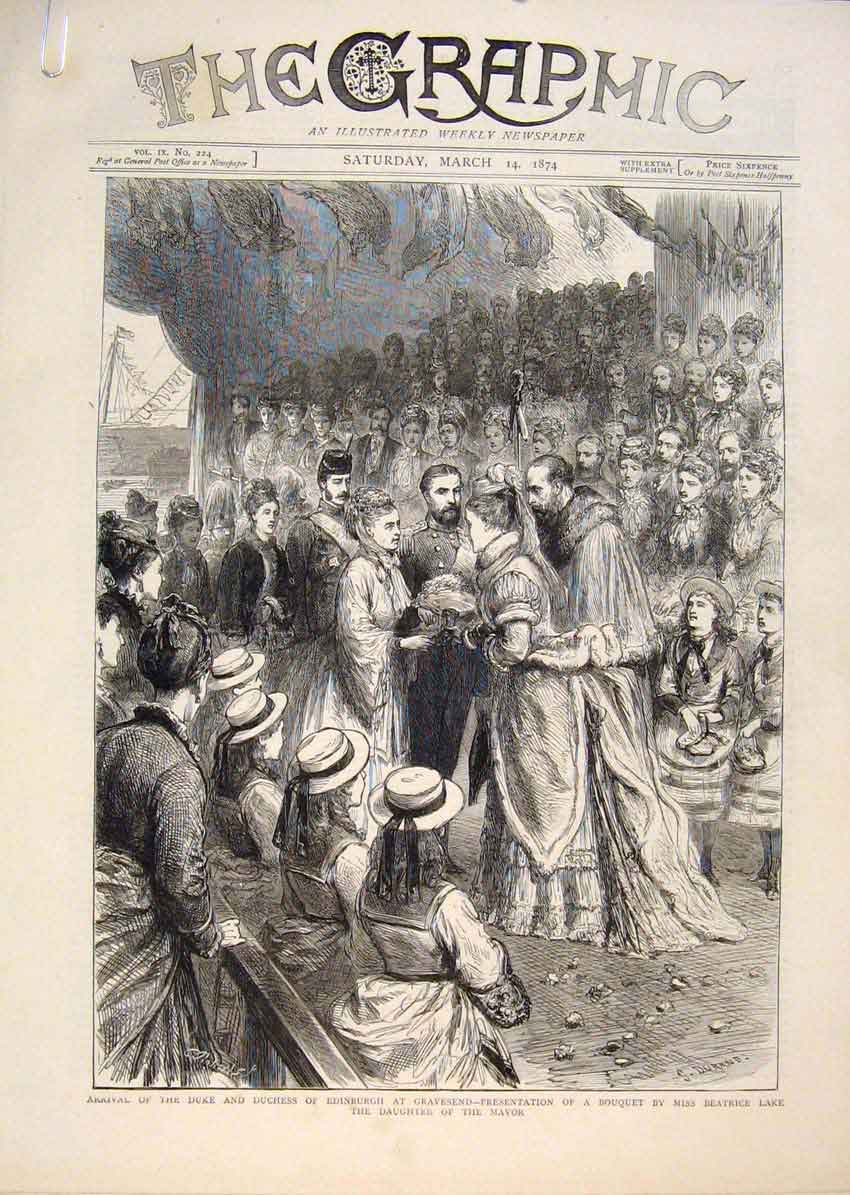 Original Old Antique Print Duke Duchess Edinburgh Gravesend Windsor Thames 1874
