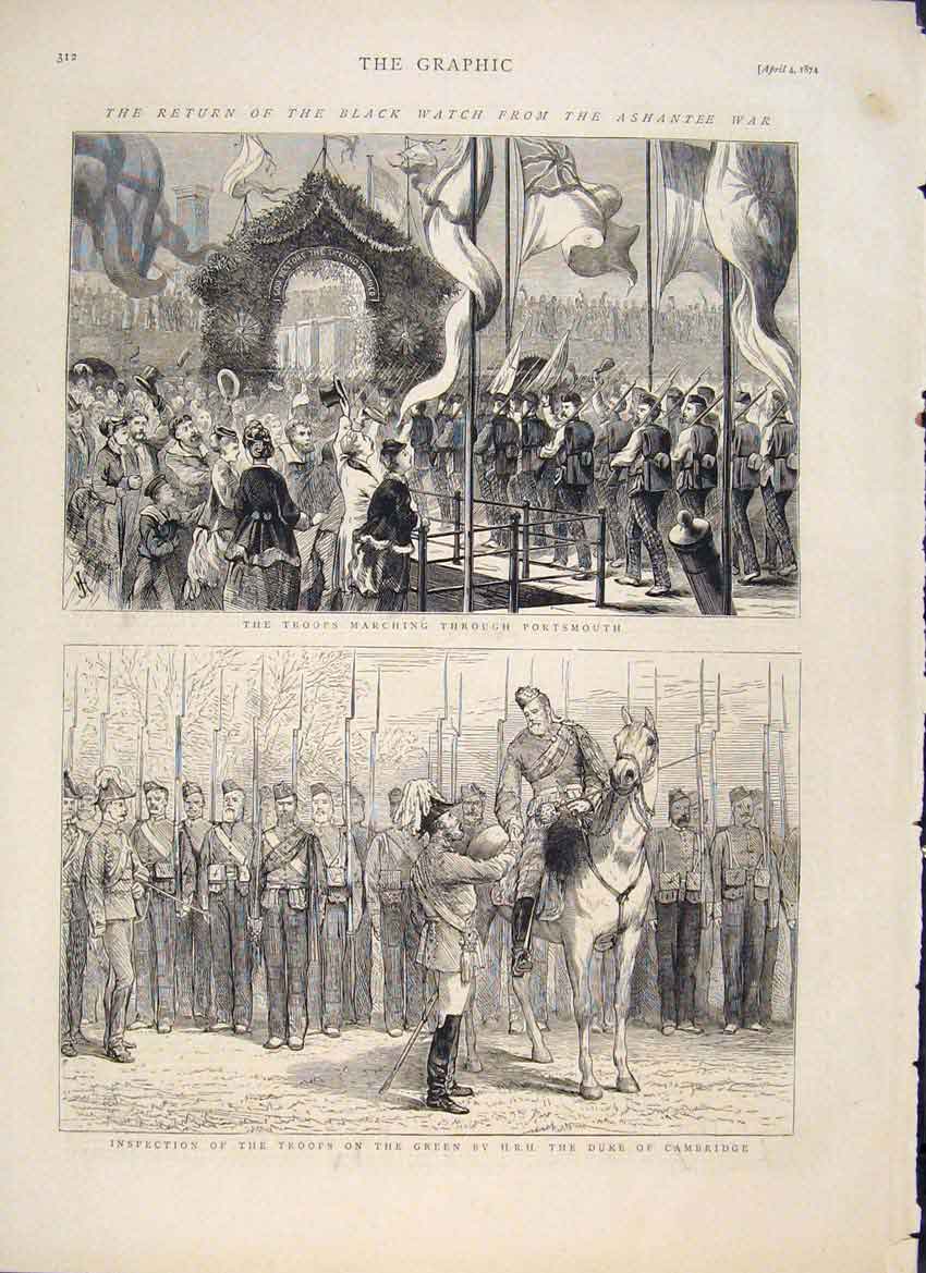 Original Old Antique Print Portsmouth Hrh Duke Cambridge Troops 1874 Victorian