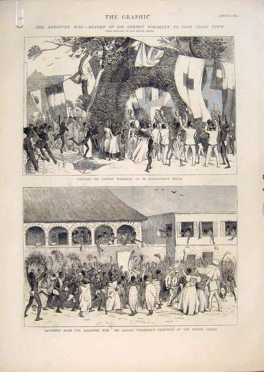 Original Old Antique Print Ashantee War Wolseley Cape Coast Africa Ship 1874