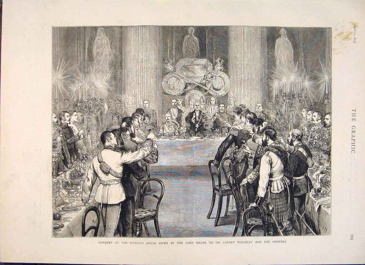 Original Old Antique Print Wolseley Banquet Mayor Mansion House Officers 1874