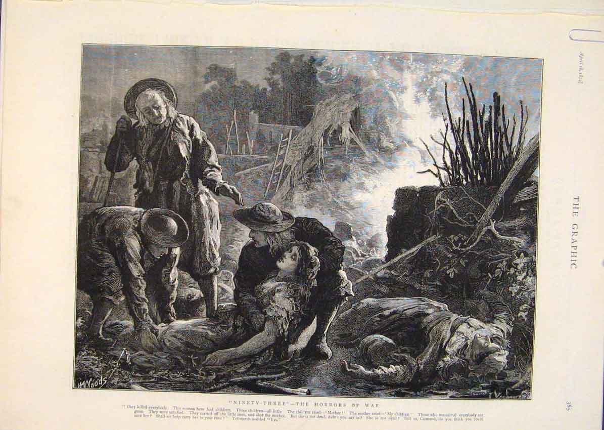 Original Old Antique Print Ninety Three Hugo War Children Fleur-De-Lys Halmalo