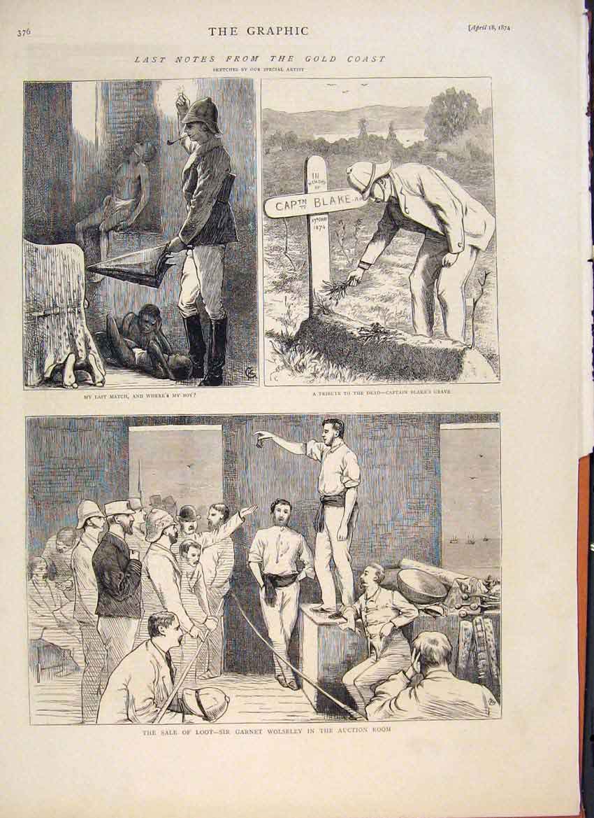Original Old Antique Print Wolseley Auction Blake Grave 1874 19th