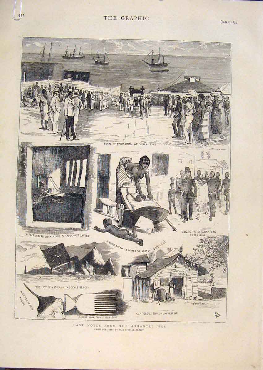 Original Old Antique Print Ashantee War Madiera Baird Burial Sierra Leone 1874