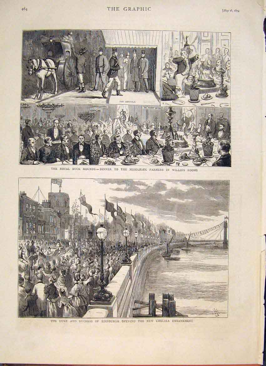 Original Old Antique Print Royal Buck Hounds Middlesex Chelsea Embankment 1874