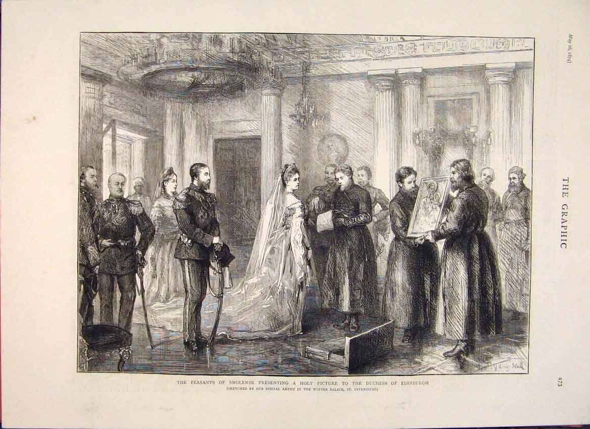 Original Old Antique Print Smolensk Edinburgh Duchess Peasant Petersburg 1874