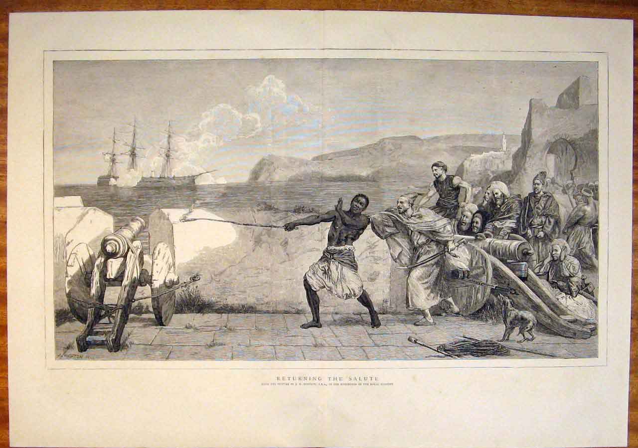 Original Old Antique Print Salute Hodgson War Canon Gun Troops 1874 Victorian