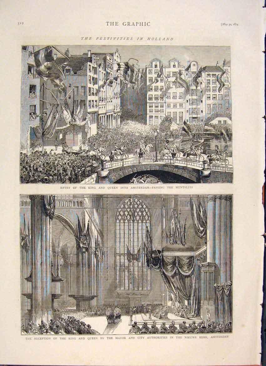Original Old Antique Print Holland Amsterdam Muntsuis Nieuwe Kerk 1874 Victorian