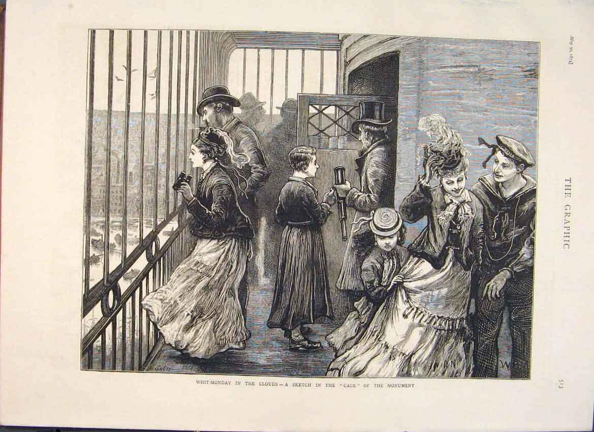 Original Old Antique Print Cage Monument Holiday Family Tower Sailor 1874 19th