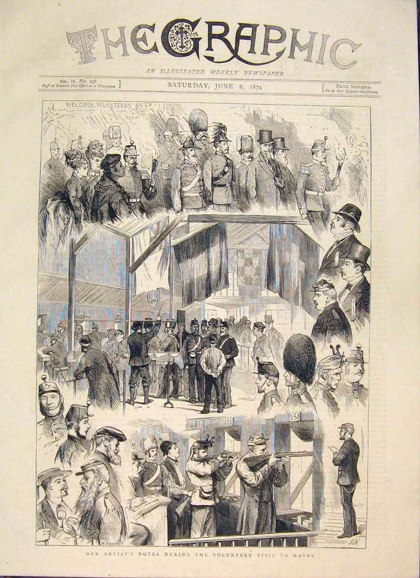 Original Old Antique Print Havre Volunteer Visit Germany Troops 1874 Victorian