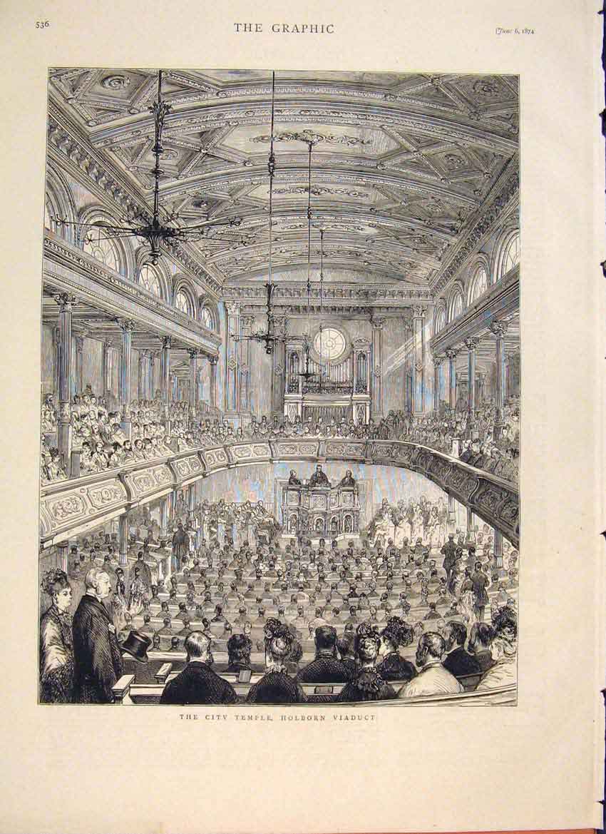 Original Old Antique Print Holborn Viaduct Temple 1874 19th Century