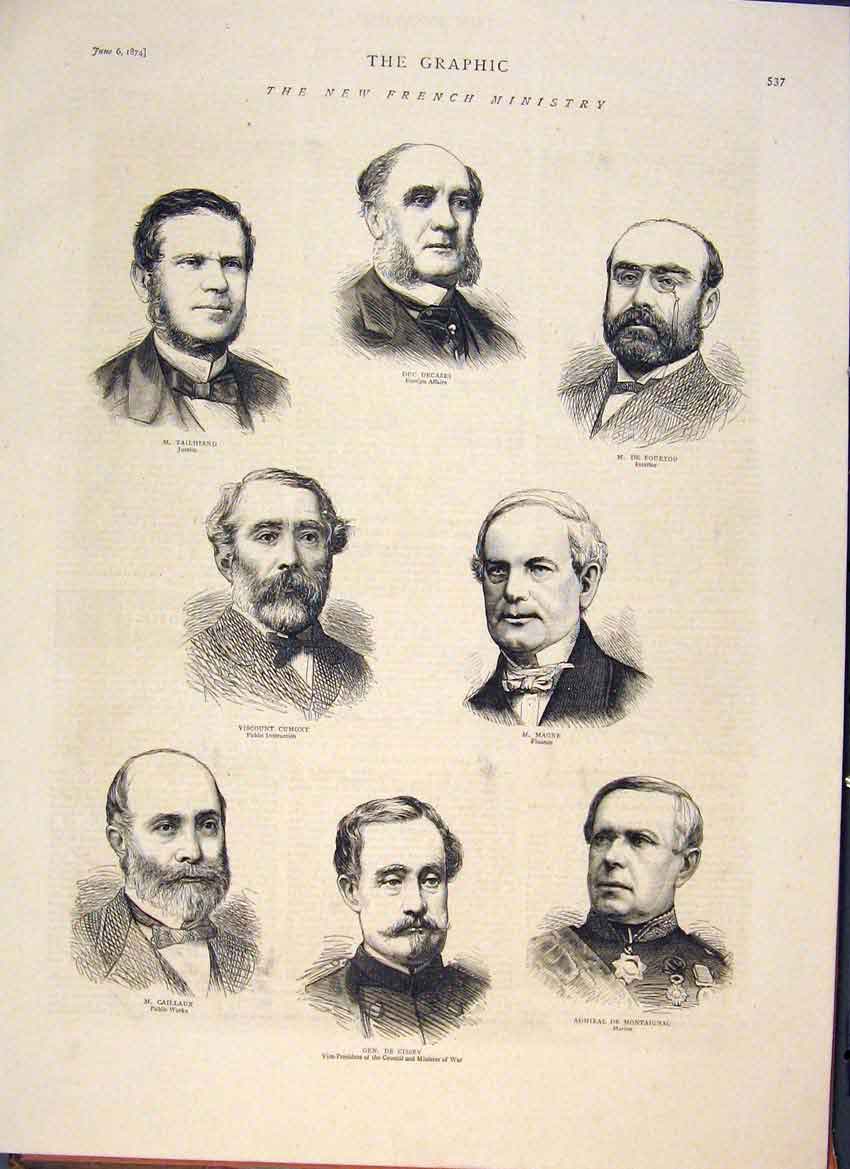 Original Old Antique Print Portraits War Minister French Minister 1874 Victorian