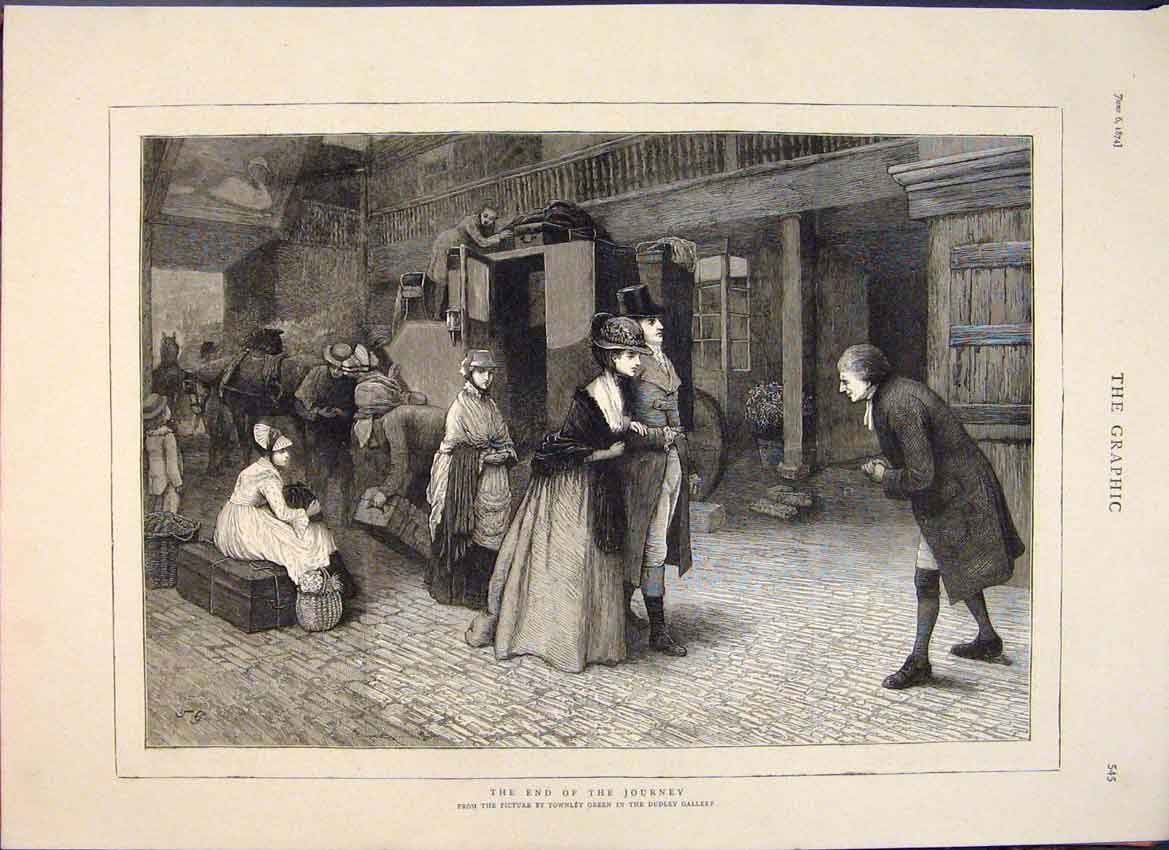 Original Old Antique Print Green Dudley Journey Station Family Carriage 1874