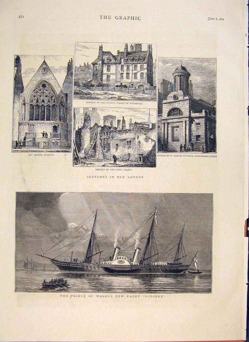 Original Old Antique Print Sketches London Holborn Savoy Whitehall Yacht Osborne