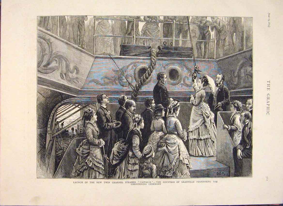 Original Old Antique Print Castalia Steamer Granville Countess Ship Royal 1874