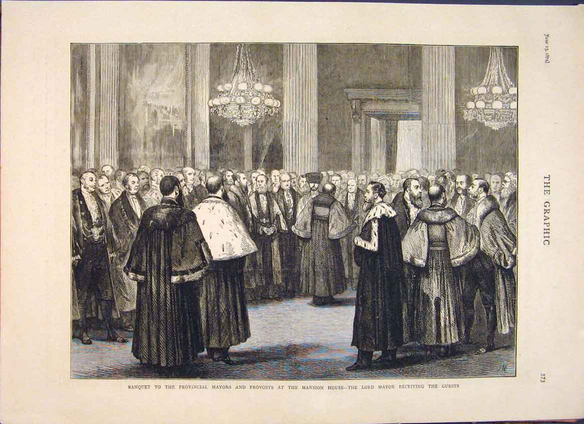 Original Old Antique Print Mansion London Mayor Banquet Lords Provost 1874 19th