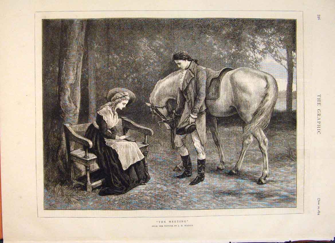 Original Old Antique Print Watson Meeting Horse Gent Lady Bench Romance 1874