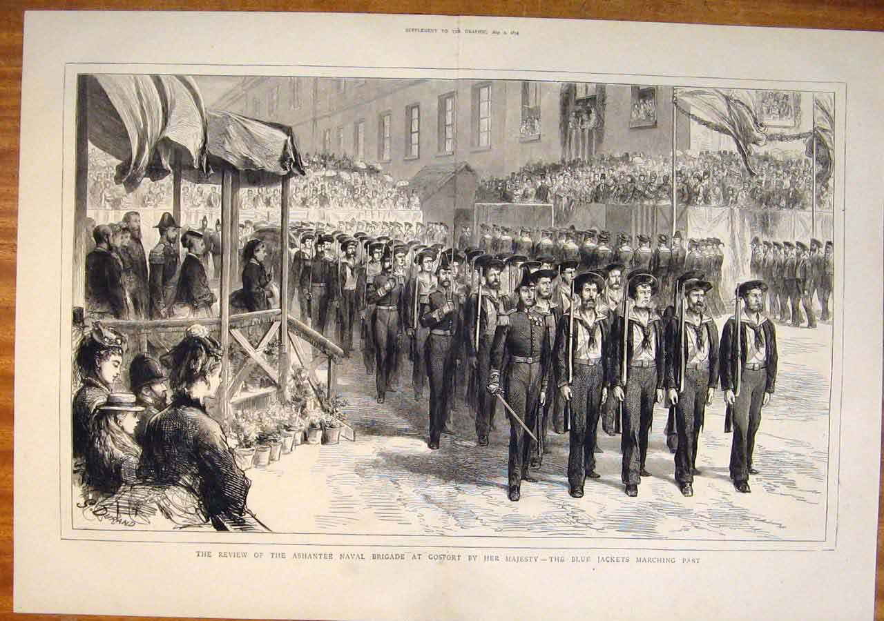 Old Antique Print Review Ashantee Naval Brigade Gosport Blue Jackets 1874 19th